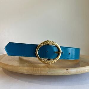 Vintage 90s Blue Vegan Leather Golden Floral Buckle Belt Size Small - Medium